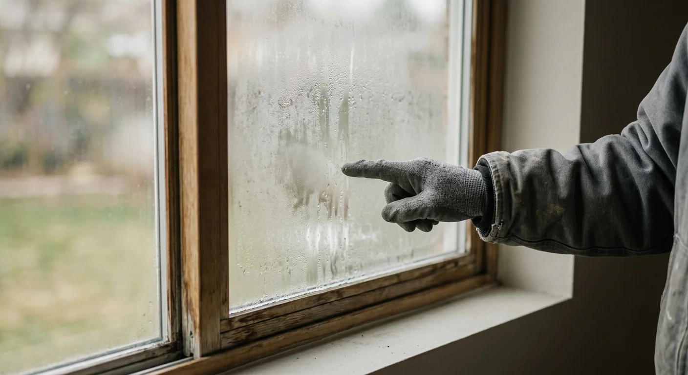 Close-up of foggy double pane window showing failed seal in a Midvale home